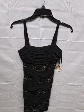 New Valerie Bertinelli Black Ruched Lace-Trim Dress Size 6